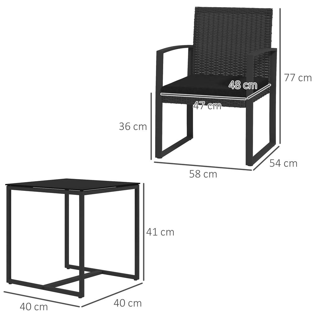 Conjunto de Móveis de Jardim de Vime Sintético Conjunto de 1 Mesa e 2 Cadeiras com Almofadas e Apoio para os Braços Preto