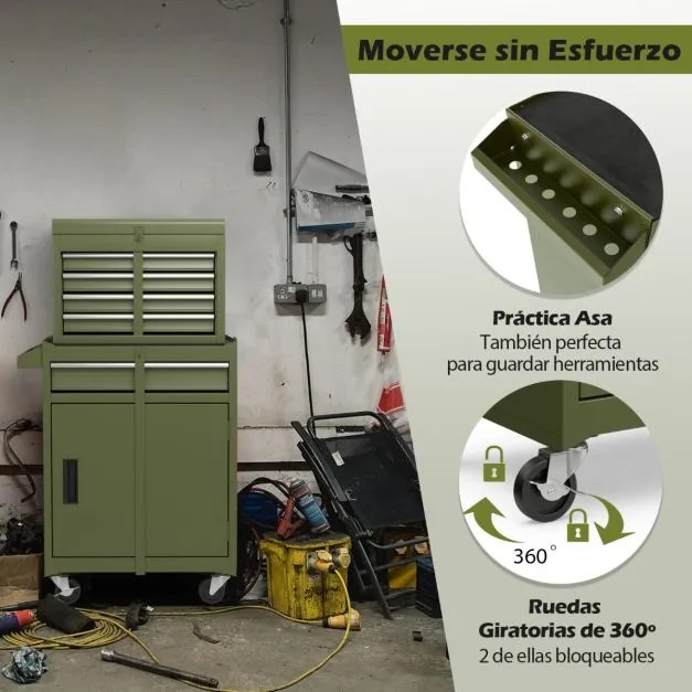 Armário para ferramentas (sem ferramentas) com 5 gavetas e rodas de grande capacidade com rodas bloqueáveis Verde