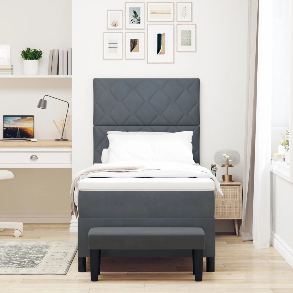 Cama Box Spring com Colchão & Banco Cinza Escuro 90x200 cm Veludo