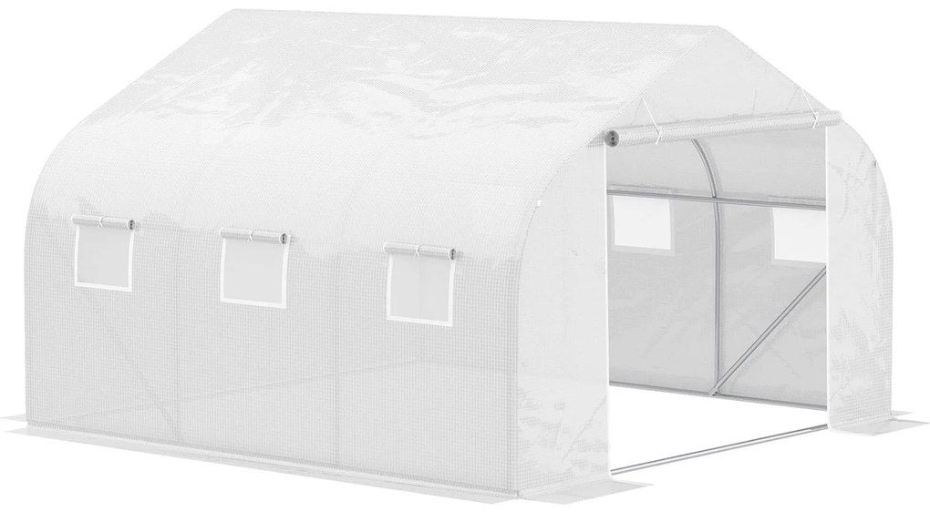 Outsunny Estufa Tipo Túnel 350x300x200 cm com Porta Enrolável 6 Janelas Estufa para Cultivo de Plantas Verduras Branco