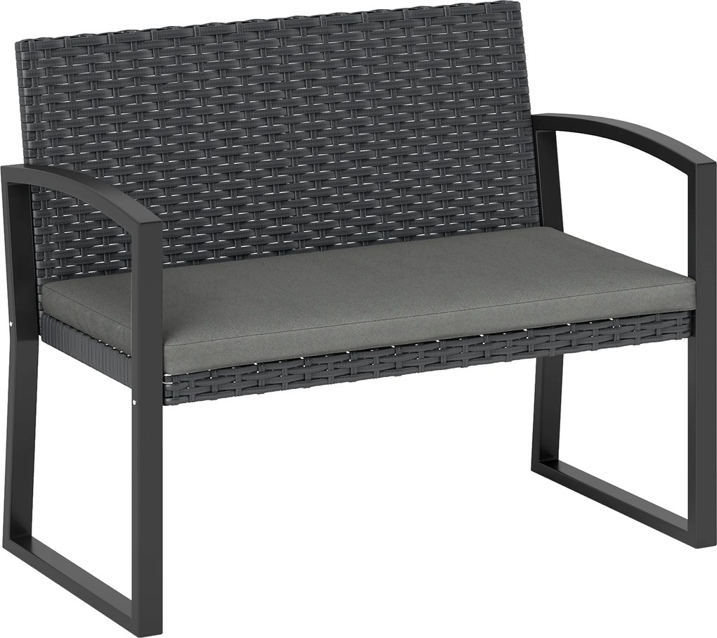 Outsunny Banco de jardim 2 lugares, banco de exterior em resina trançada PE com almofada, aço galvanizado, 103x58x78cm, cinza e preto | Aosom Portugal