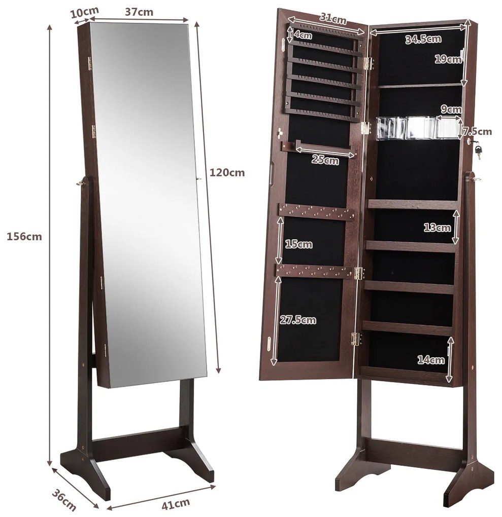 Espelho Armário Guarda Joias com Espelho de Corpo Completo 2 em 1 Organizador de Armazenamento de Jóias 3 Ângulos Ajustáveis 41 x 36 x 156 cm Castanho