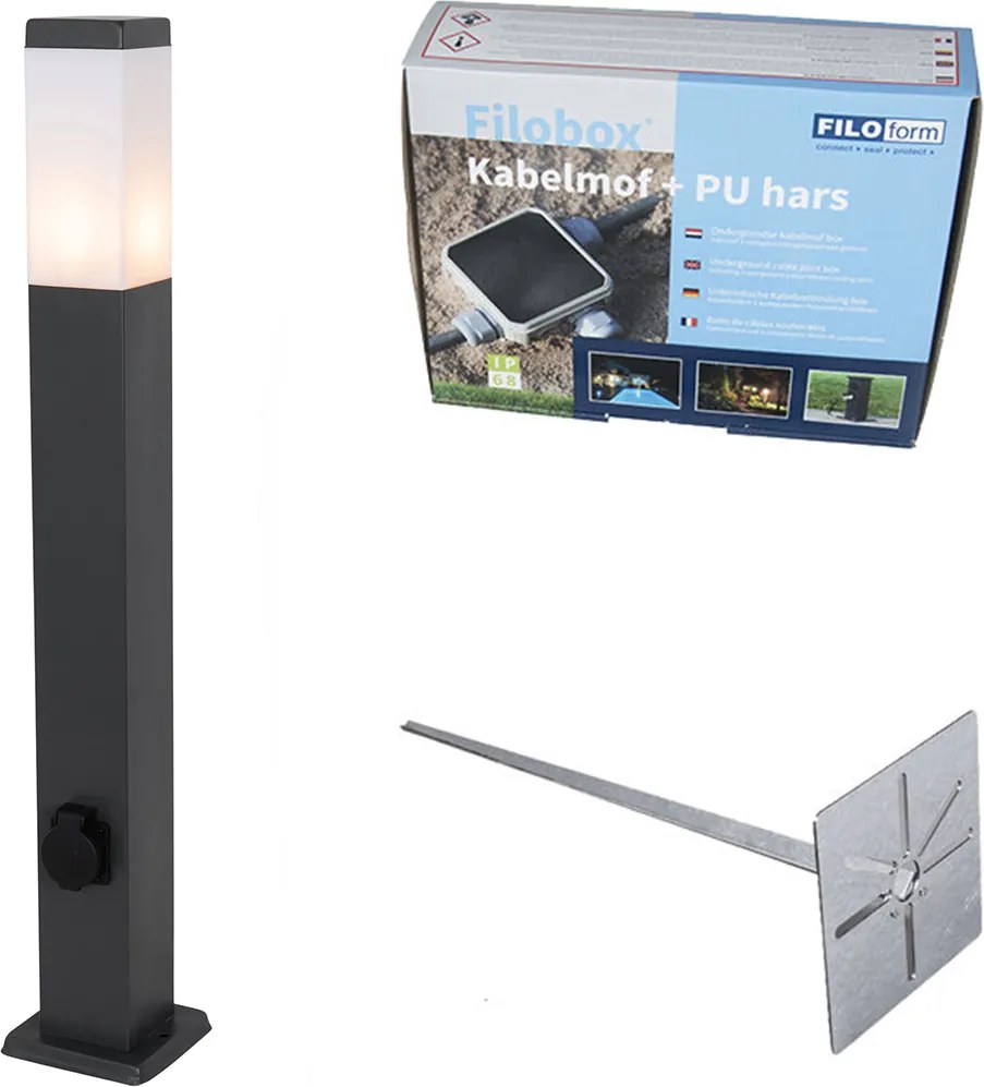Candeeiro de Exterior Cinzento Escuro com Espigão de Solo e Prensa-Cabo 80cm Incl. Tomada IP44 - Malios