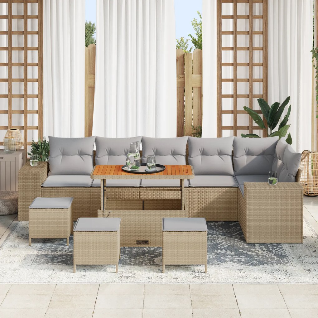 Conjunto de Sofá de Jardim de 10 Peças com Almofadas Bege Polyrattan A
