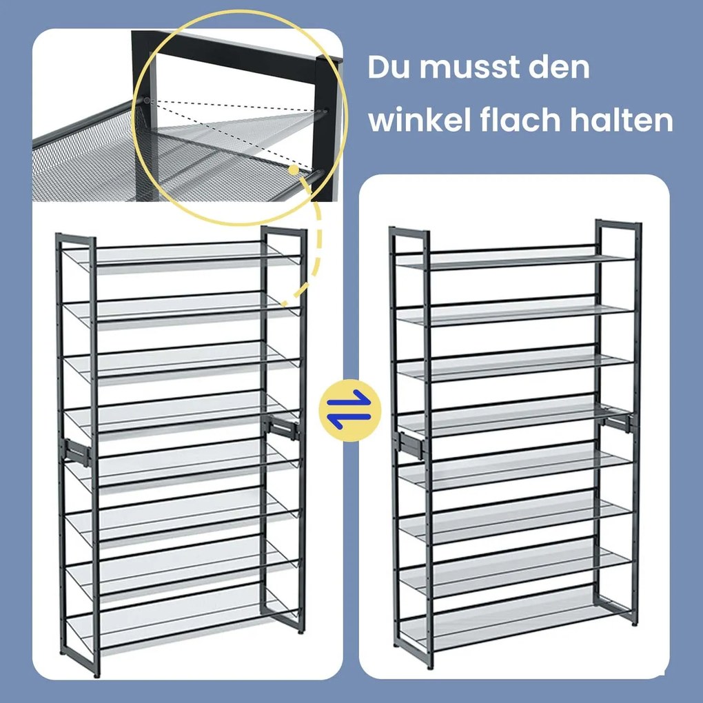 Sapateira com 8 níveis 92,5 x 30,7 x 163,5 cm, organizador de sapatos, 2 estantes empilháveis com 4 níveis cinzento
