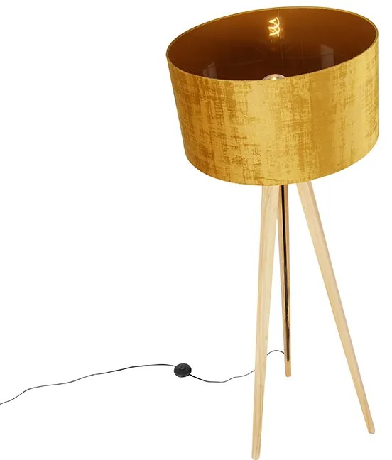 Candeeiro de pé em madeira com abajur em tecido dourado 50 cm - Tripod Classic Moderno