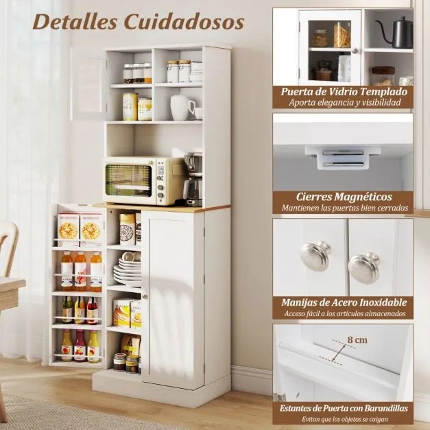 Armário multifuncional cozinha, prateleiras ajustáveis, porta de vidro 60 x 35 x 170 cm Branco
