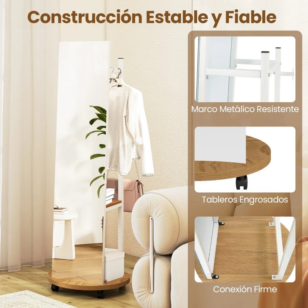 Espelho Pé de corpo inteiro com Cabide 45 x 135 cm, ganchos, estantes e rodas giratórias de 360° para quarto, armário ou hall de entrada, branco e nat