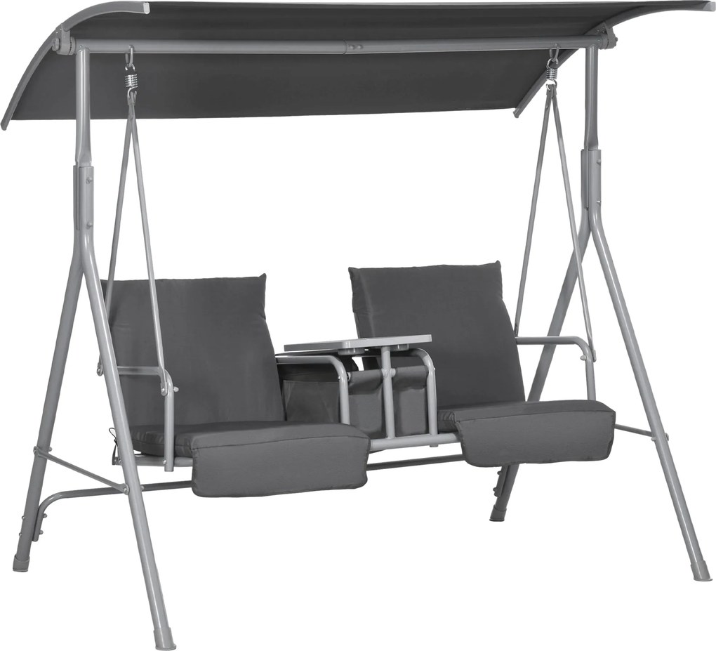 Outsunny Baloiço Hollywood, 2 lugares, com dossel e mesa, estrutura metálica, até 180 kg, 175x110x165 cm, Preto | Aosom Portugal
