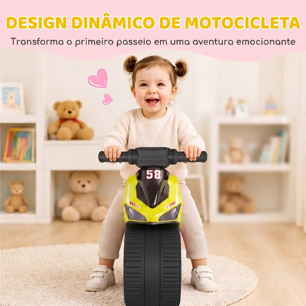 Bicicleta sem Pedais Tipo Mota com Música e Rodas Extra Largas para Crianças 18-36 Meses Verde