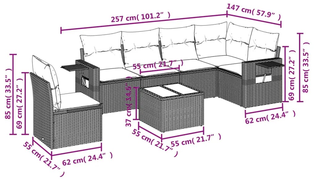 7 pcs conjunto de sofás jardim c/ almofadões vime PE castanho