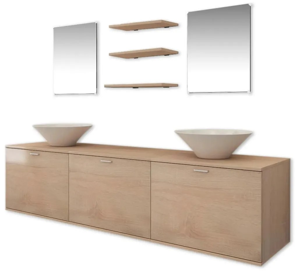 Conjunto móveis de WC + lavatório c/ torneira, 10 pcs, bege