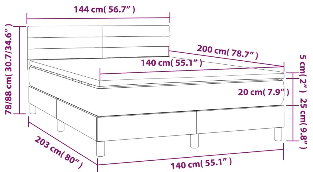 Cama box spring c/ colchão e LED 140x200 cm tecido cinza-escuro