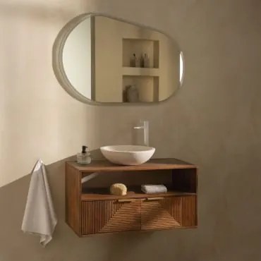 Conjunto De Móvel De Casa De Banho Em Madeira De Manga Baty Madeira De Manga & Cimento Redondo Branco Ø40 Cm Zavion & Oval Led - Sklum
