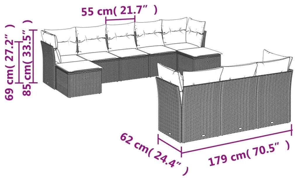 10 pcs conjunto sofás de jardim c/ almofadões vime PE preto