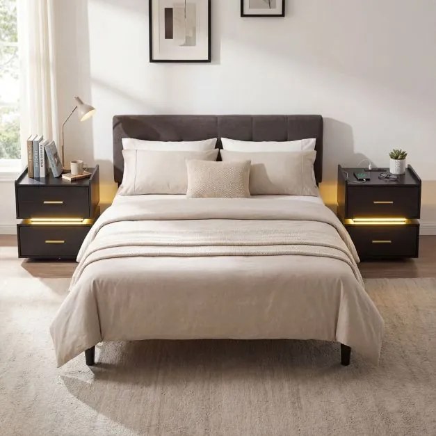 Mesa de cabeceira com base de carregamento LED, 2 gavetas, arrumação semi-suspensa e base metálica 45 x 40 x 48 cm Preta