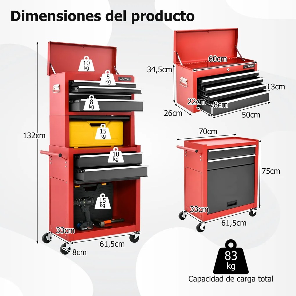 Carrinho de oficina com fechadura 9 compartimentos e ferramentas de rolamento de forro EVA 2 em 1 para garagem 61,5 x 33 x 132 cm Preto e Vermelho