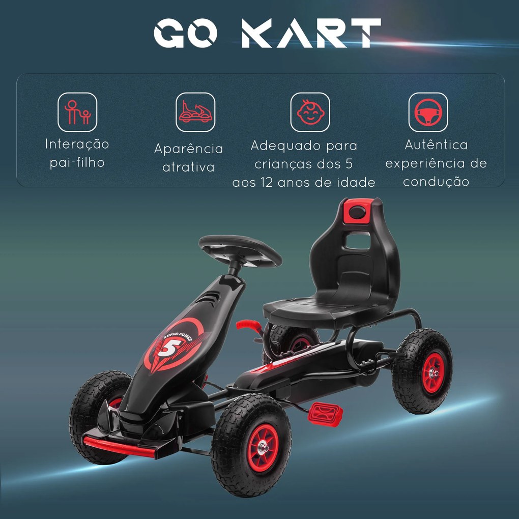 HOMCOM Kart a Pedais para Crianças 5-12 Anos Kart a Pedais Infantil com Assento Ajustável Pneus Insufláveis Amortecimento e Travão de Mão Carga Máx. 50kg 121x58x61cm Vermelho