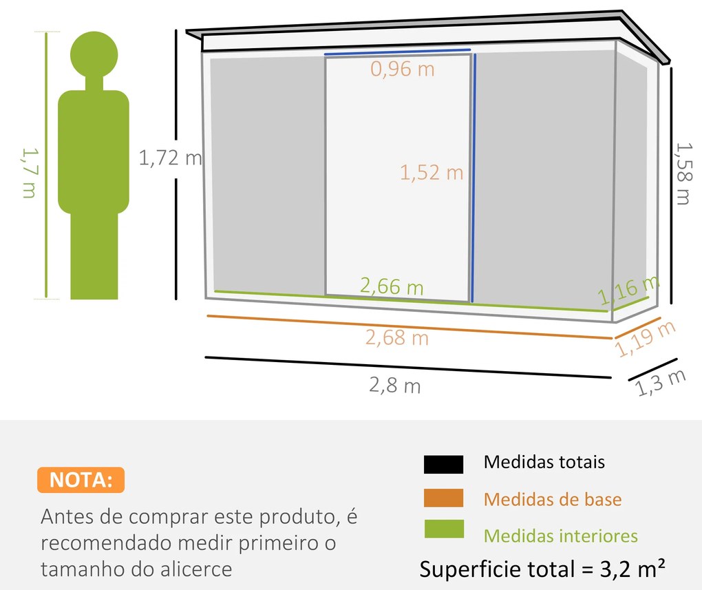 Abrigo de Jardim 280x130x172 cm Abrigo de Exterior de Aço Galvanizado com Porta Corredeira e Ventilações Cinza