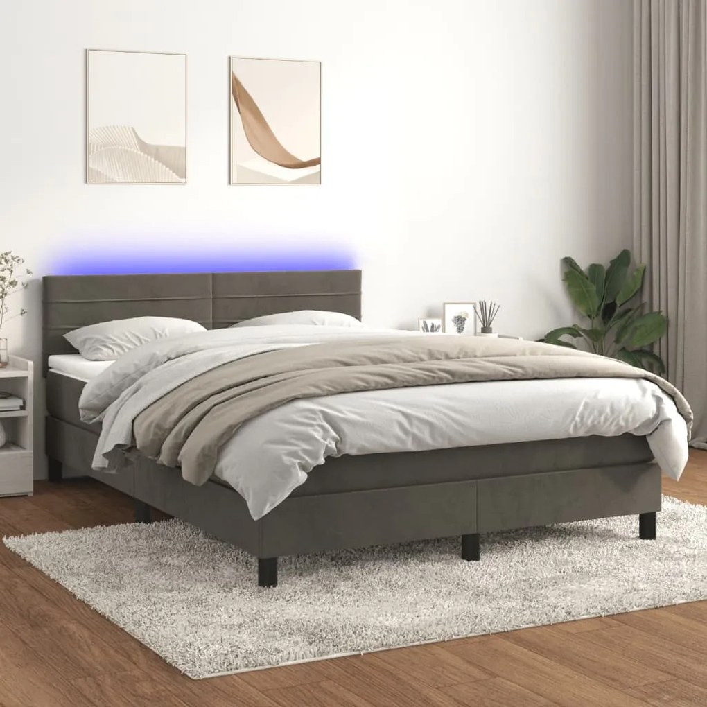 Cama box spring c/ colchão/LED 140x190cm veludo cinzento-escuro