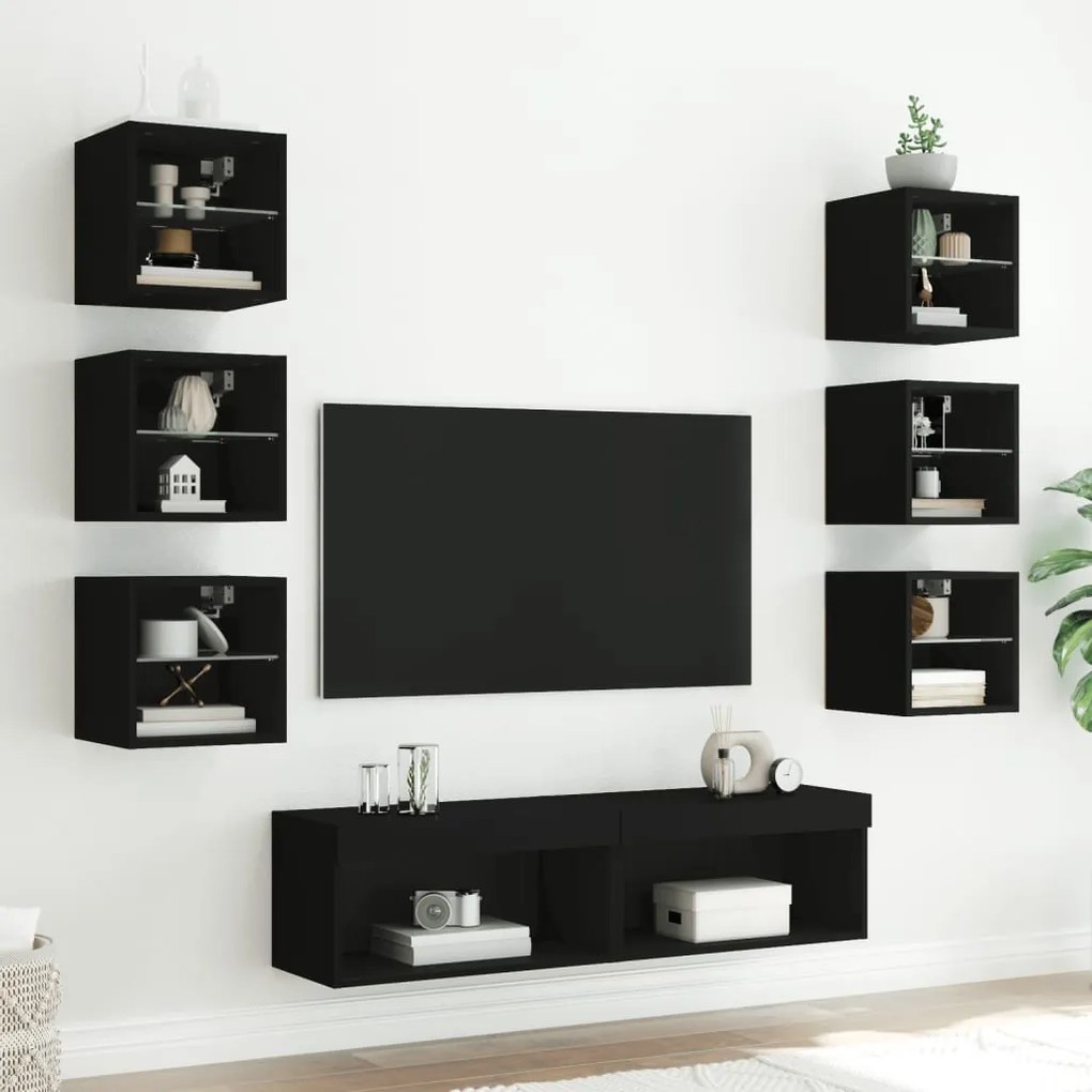 8 pcs móveis de parede p/ TV c/ LEDs derivados de madeira preto