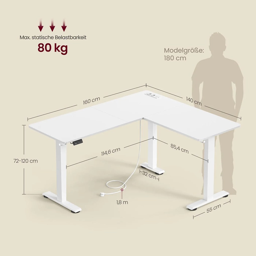 Secretária de canto em L com altura ajustável eletricamente e estação de carregamento 140 x 160 x 72–120 cm Branco