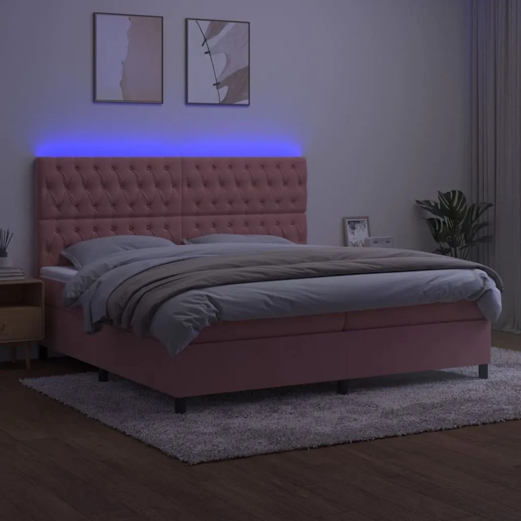 Cama box spring c/ colchão/LED 200x200 cm veludo rosa