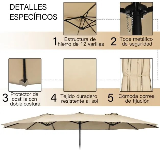 Guarda-sol duplo de 451,5 cm com base Sistema de manivela Estrutura metálica com 12 varas Ventilação para jardim Bege