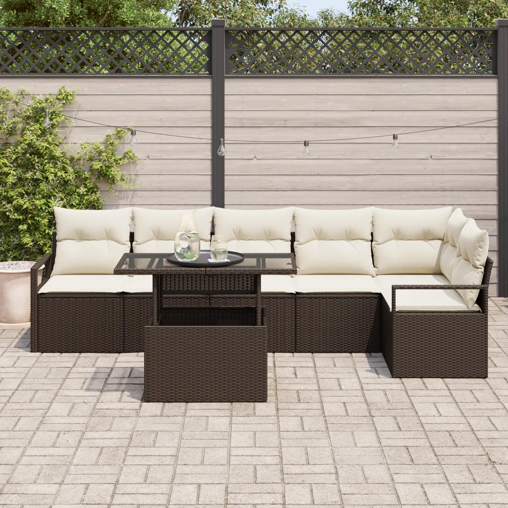 Conjunto de Sofá de Jardim de 7 Peças com Almofadas Marrom Rattan Sint