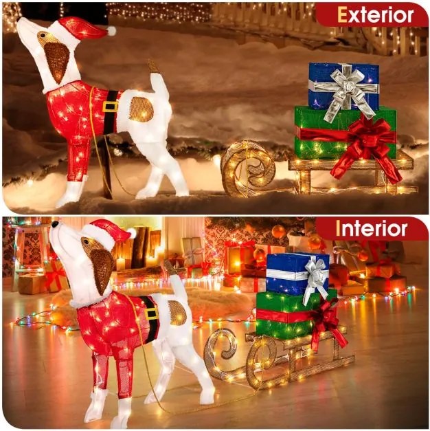 Decoração de Natal iluminadas Cão de trenó e caixa de presente de Natal Combo com 170 luzes LED Multicolorido