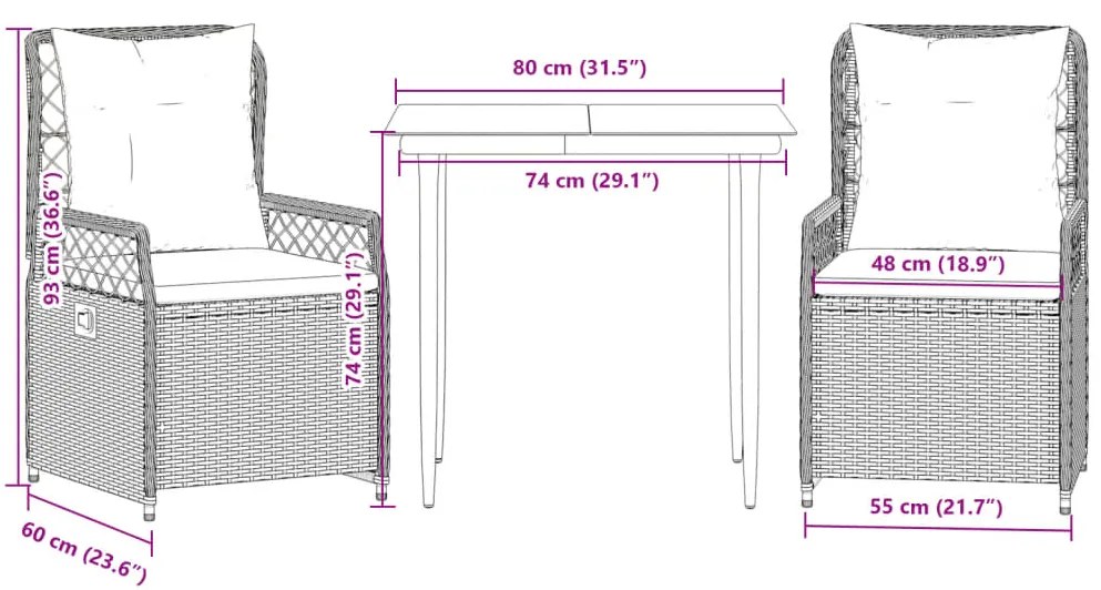 3 pcs conjunto de jantar p/ jardim c/ almofadões vime PE cinza