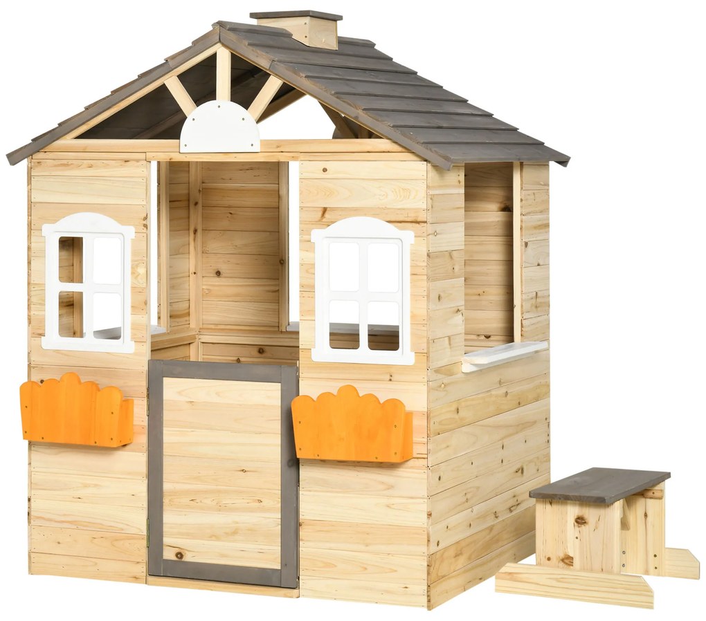 Casa de Jardim de Madeira para Crianças de 3-7 Anos com Janelas 2 Floreiras e 1 Banco 113x94x134,5 cm Madeira