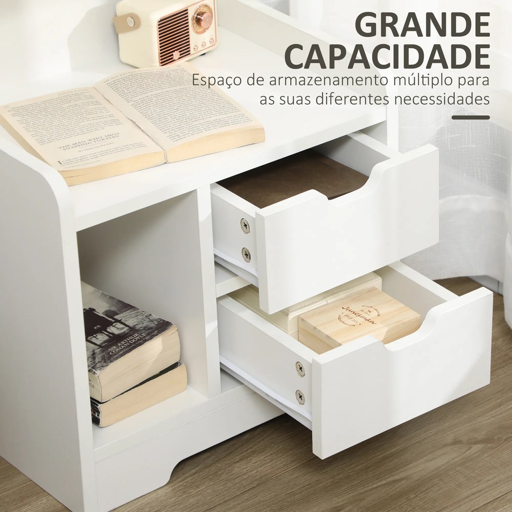 Mesa de Cabeceira Moderna com 2 Gavetas e 3 Compartimentos para Sala de Estar Quarto Carga 30 kg 40x30x60 cm Branco