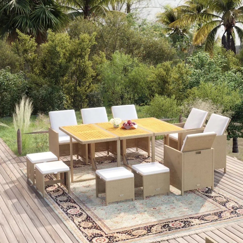 vidaXL 11 pcs conjunto jantar p/ jardim c/ almofadões vime PE bege