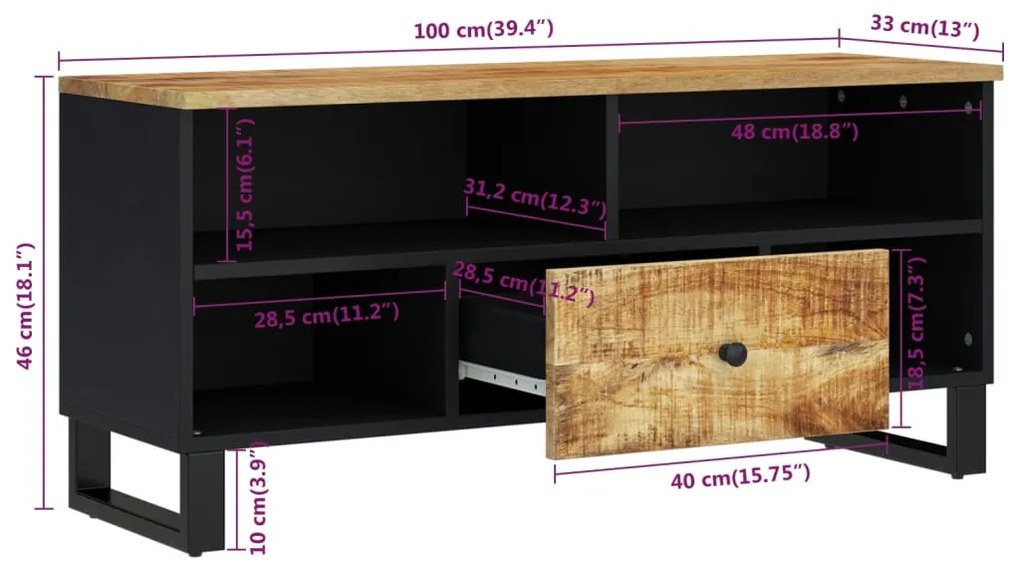 Móvel de TV 100x33x46 cm mangueira maciça/derivados madeira