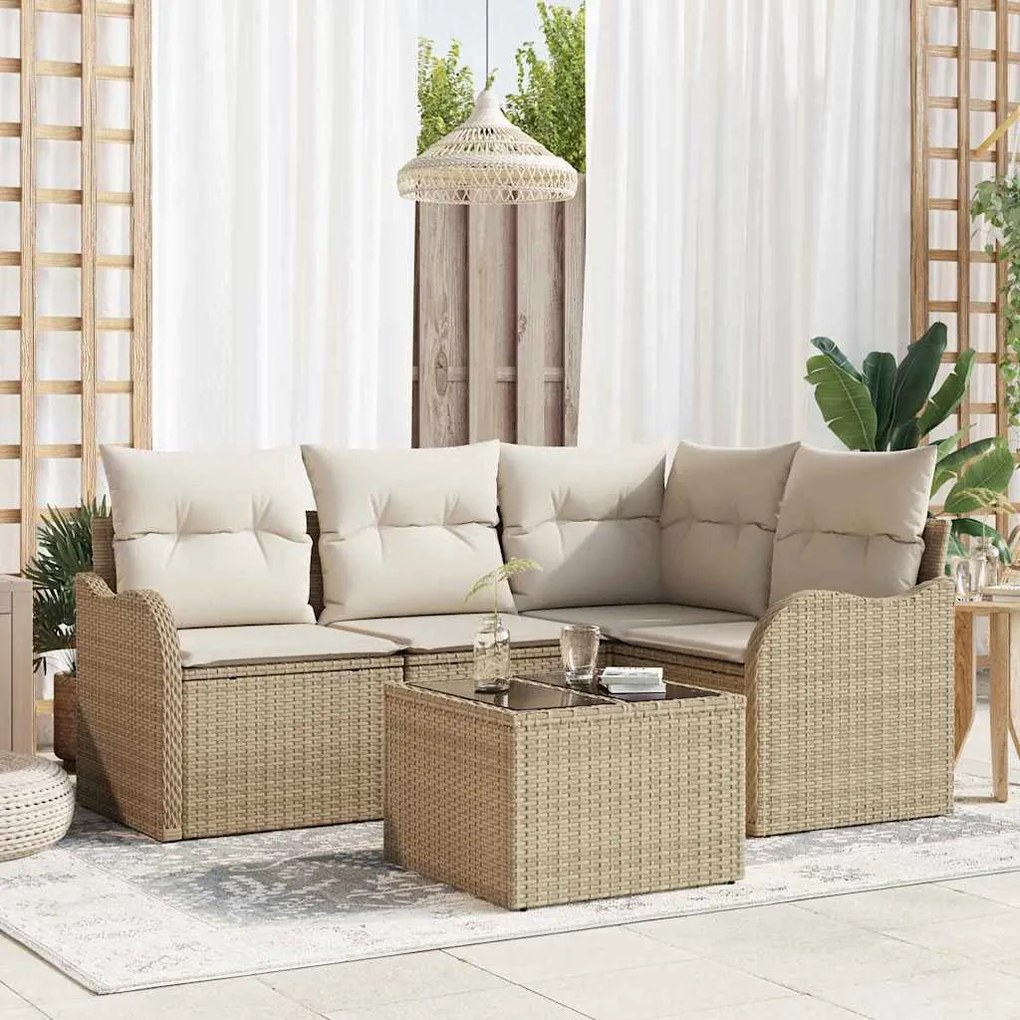 Conjunto de Sofá de Jardim vidaXL 5 Peças com Almofadas Rattan Poliést
