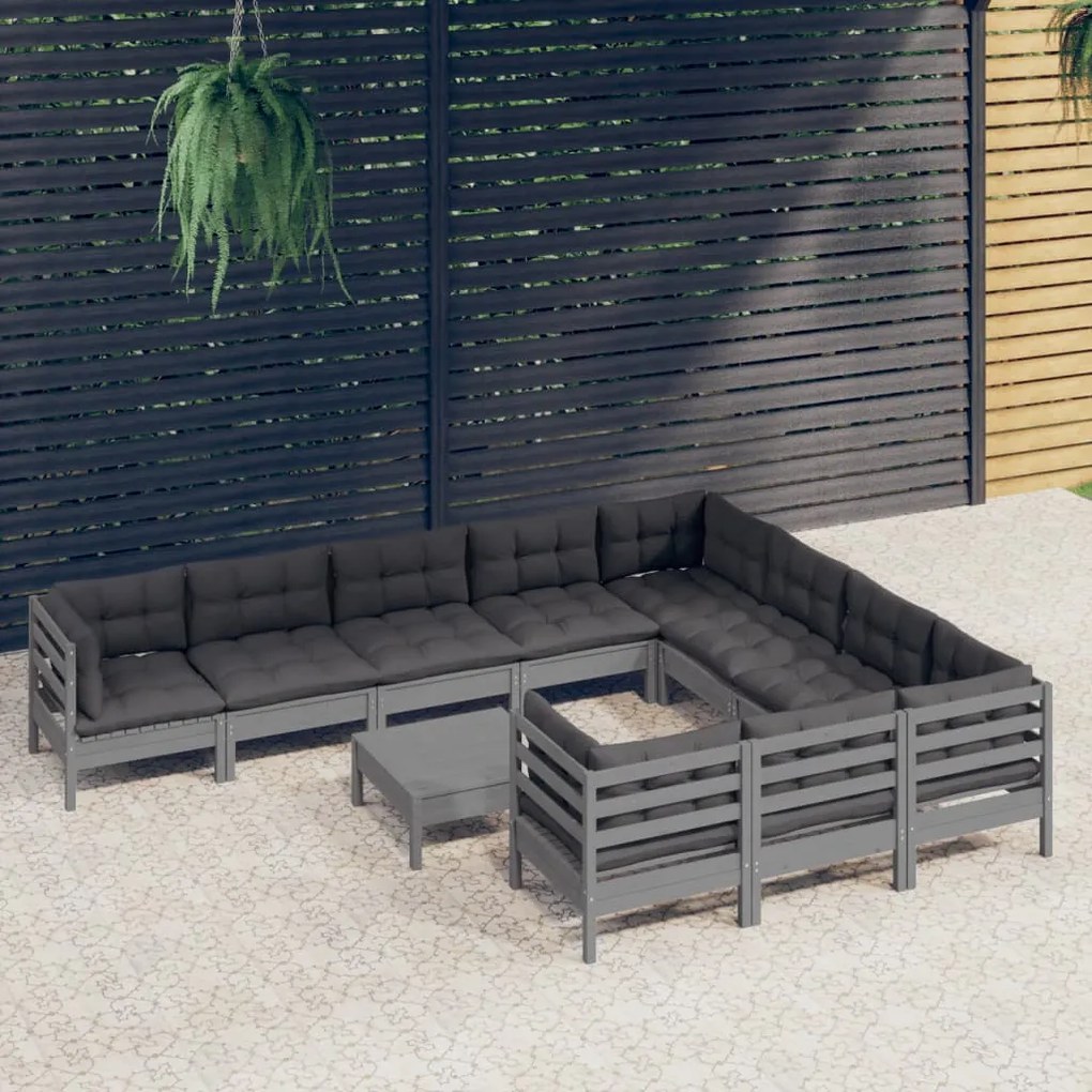 11 pcs conjunto lounge de jardim c/ almofadões pinho cinza