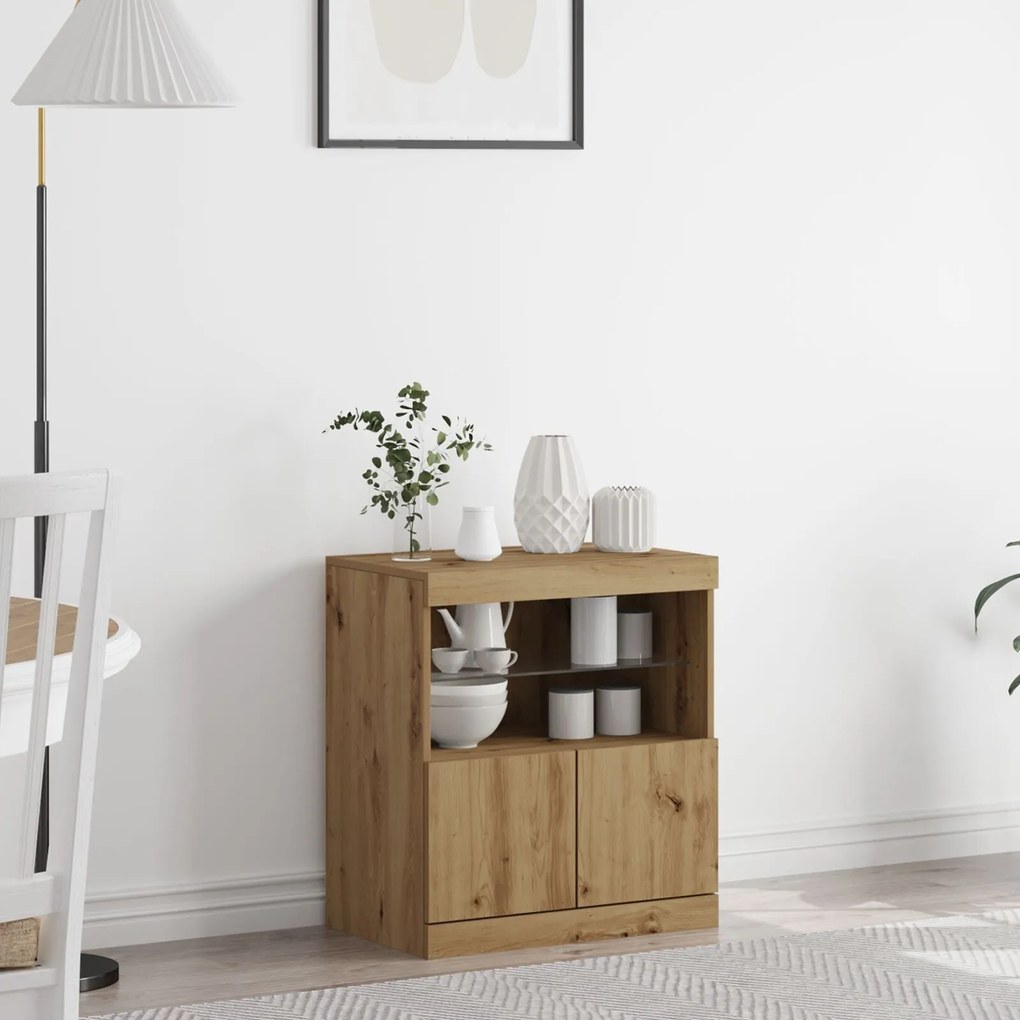 Sideboard vidaXL com Luzes LED Carvalho Artesanal 60x37x67 cm