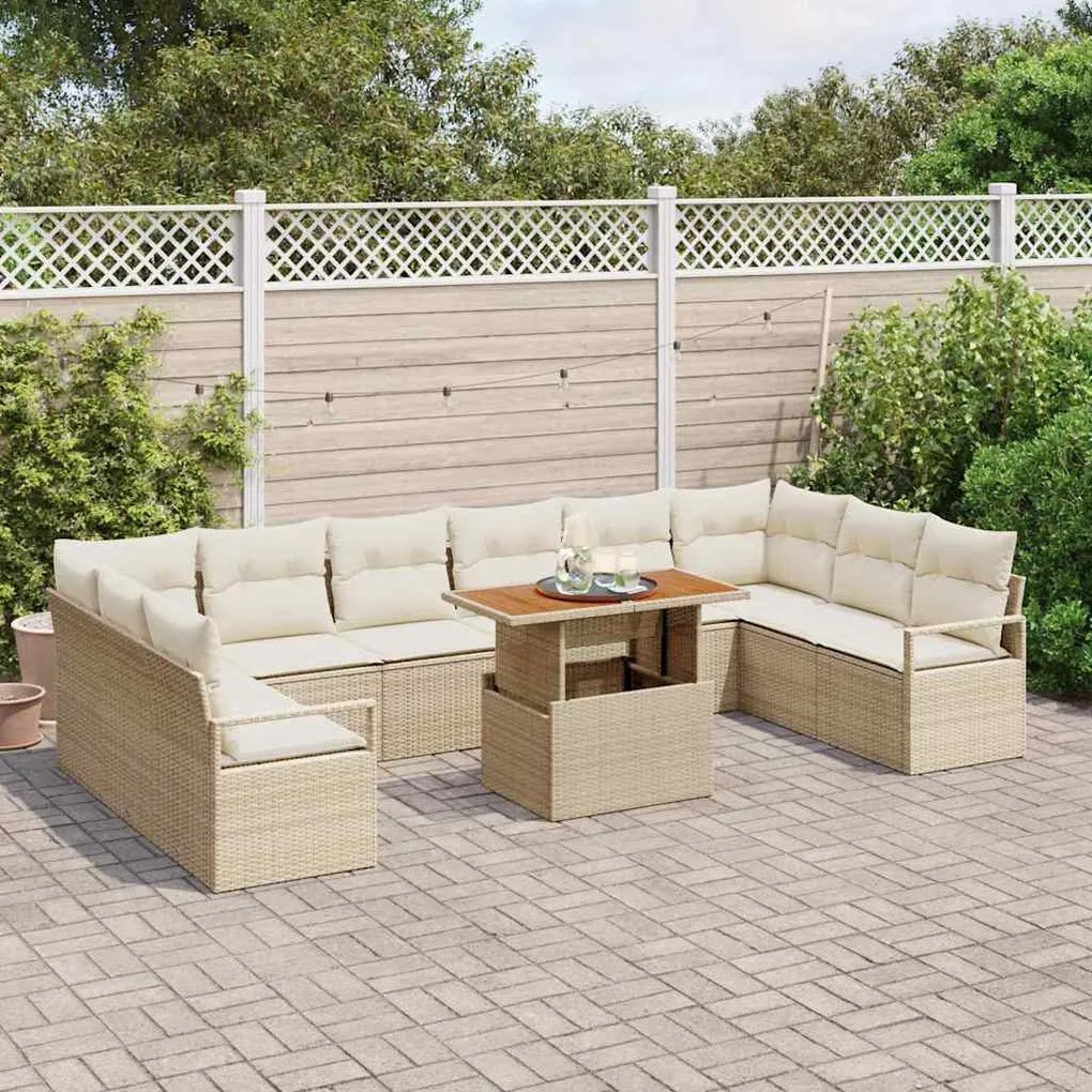 Conjunto de Sofá de Jardim de 11 Peças com Almofadas Bege em Polyratta