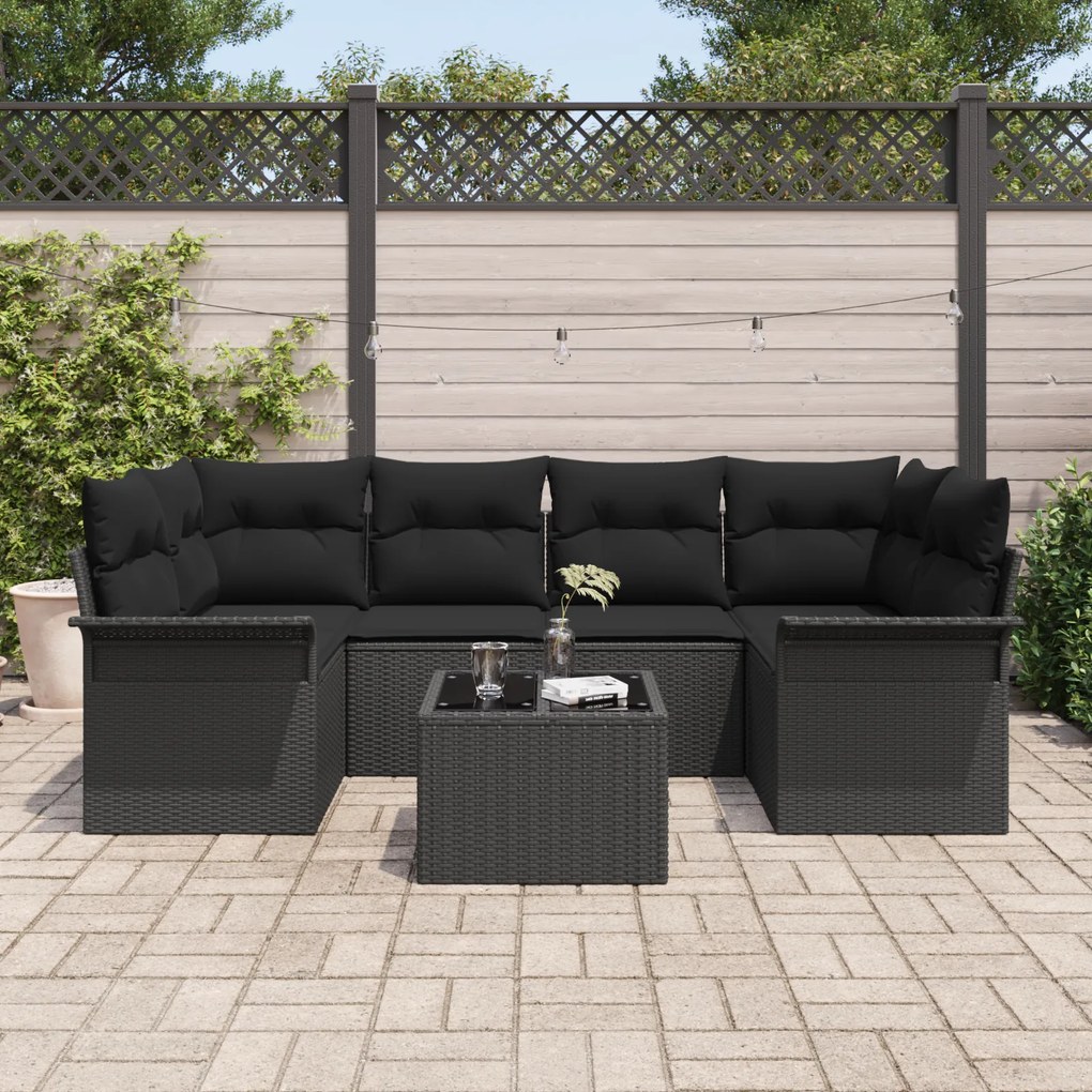 Conjunto de Sofá de Jardim de 7 Peças com Almofadas Preto Vime PE
