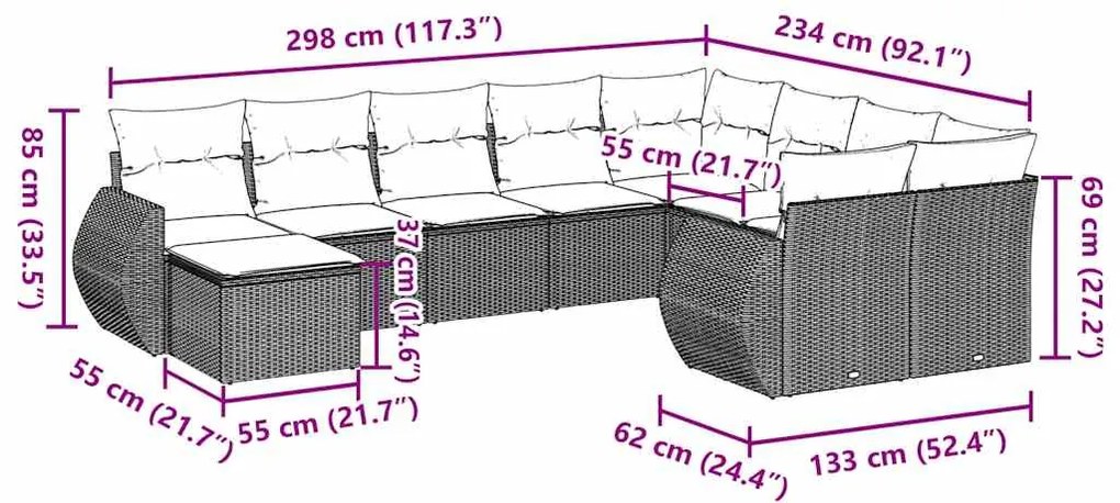 10 pcs conj. sofás jardim com almofadões vime PE cinzento-claro