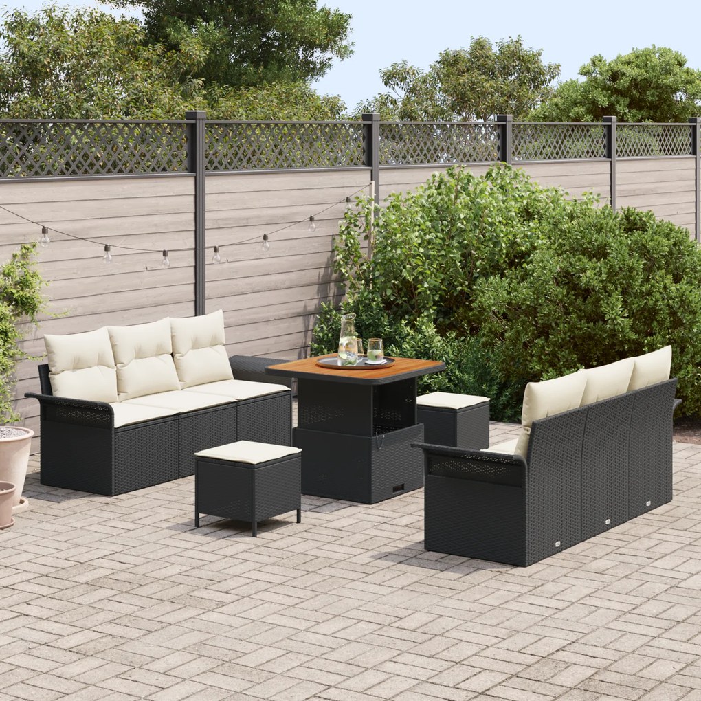 Conjunto de Sofás de Jardim 9 Peças com Almofadas Rattan Preto Poliést