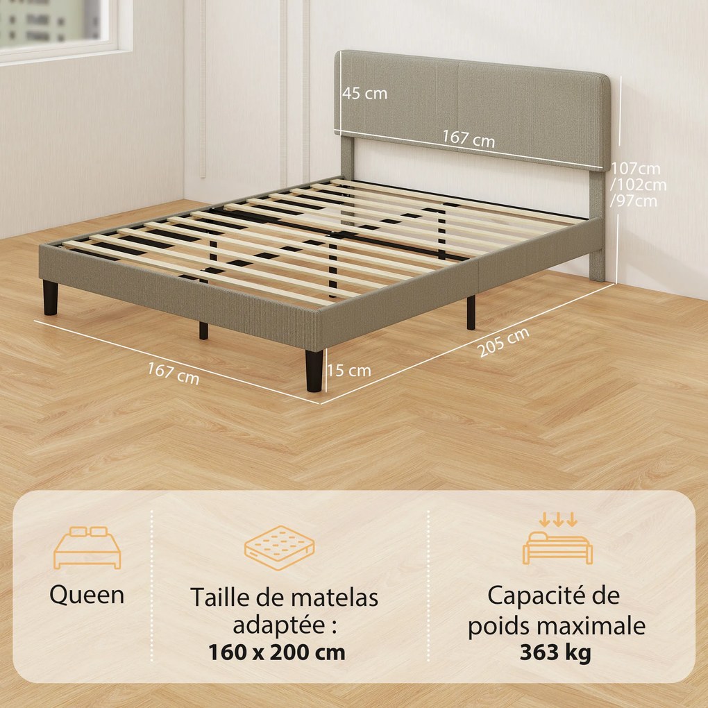 Cama de Casal Estofada, 205 x 167 x 107 cm (COLCHÃO NÃO INCLUIDO), Cabeceira Ajustável, Cinzento