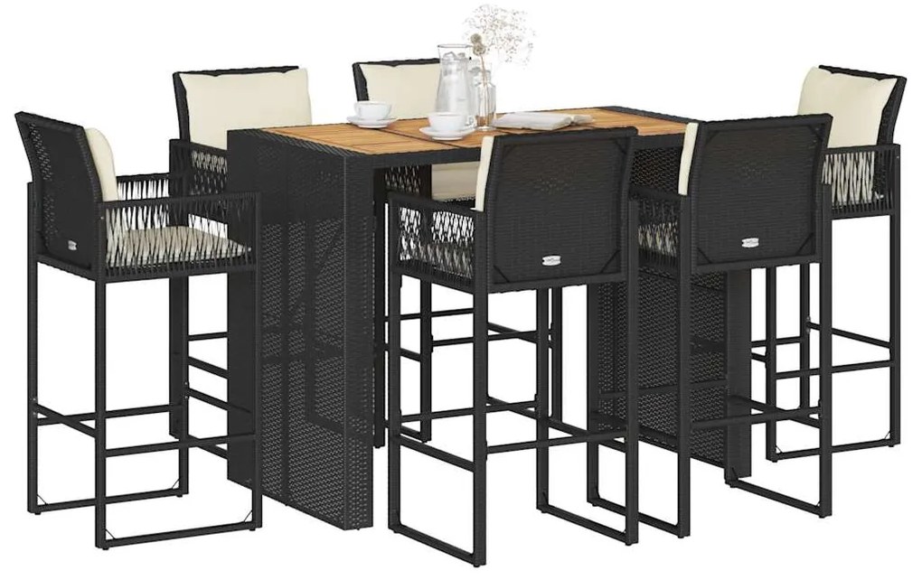 7 pcs conjunto de bar jardim c/ almofadões vime PE/acácia preto