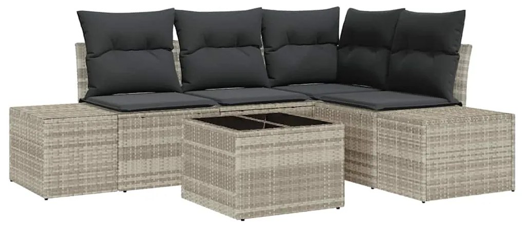 Conjunto de sofá de jardim com 5 peças e almofadas em polirattan cinza