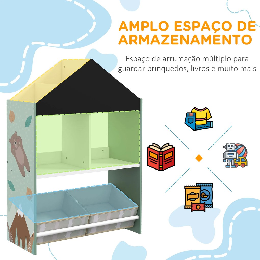Estante para Brinquedos Organizador Infantil com Prateleiras Abertas e Caixas de Tecido não Tecido Amovíveis 62x27x90cm Verde