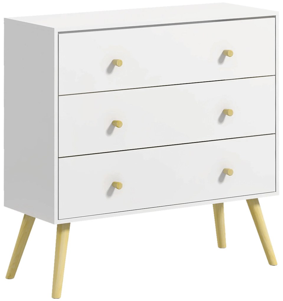 HOMCOM Cómoda com 3 Gavetas com Pés de Madeira de Pinho para Sala de Estar Escritório 80x30x80 cm Branco e Madeira | Aosom Portugal