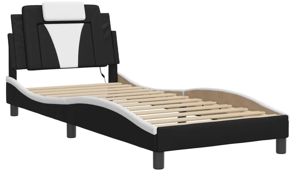 Estrutura cama c/ luzes LED 80x200cm couro artif. preto/branco