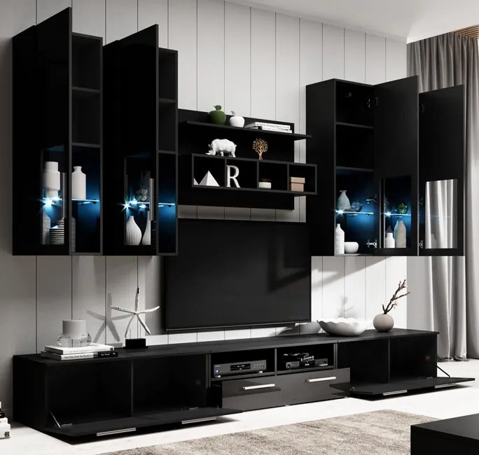 Conjunto de Móveis de Sala Dornelas – 3 m – Preto com LED e Vitrinas e
