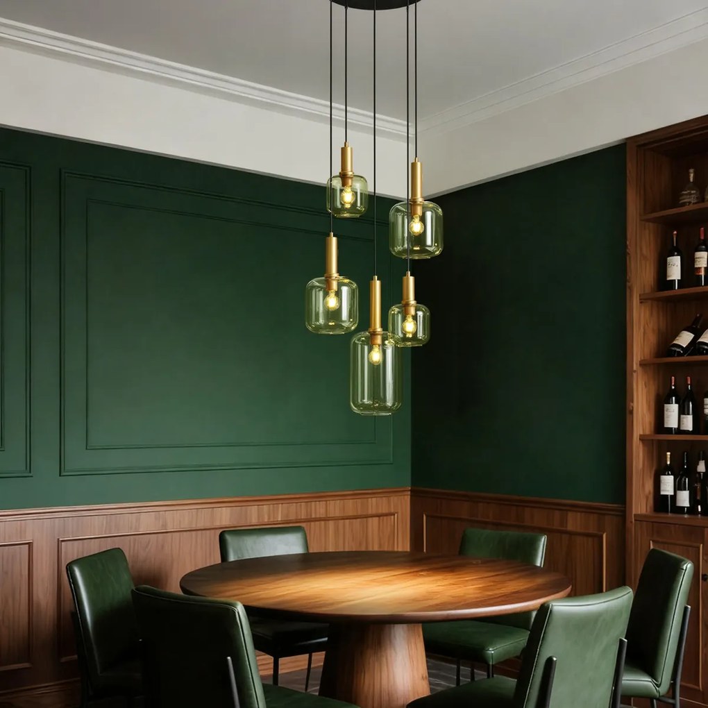 Candeeiro suspenso Hotel Chic preto e dourado com vidro verde 5 luzes - Zuzanna
